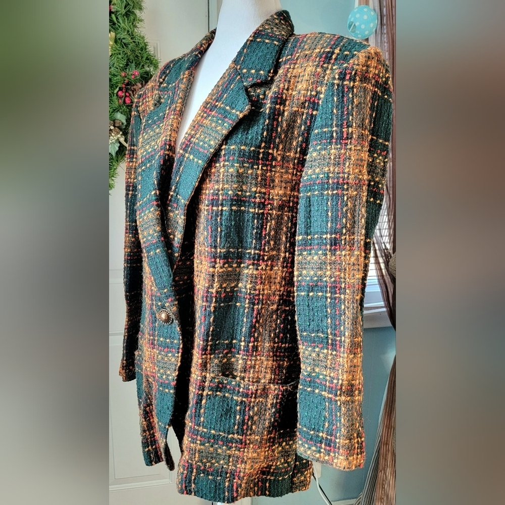 80s 90s Vintage Tweed Plaid Blazer Women's L Green Yellow Wool Blend Oversized